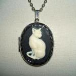 Cat Cameo Necklace Locket Pendant Ivory Color Cat..