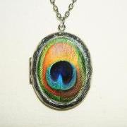 PEACOCK FEATHER Necklace Locket Altered Art Pendant