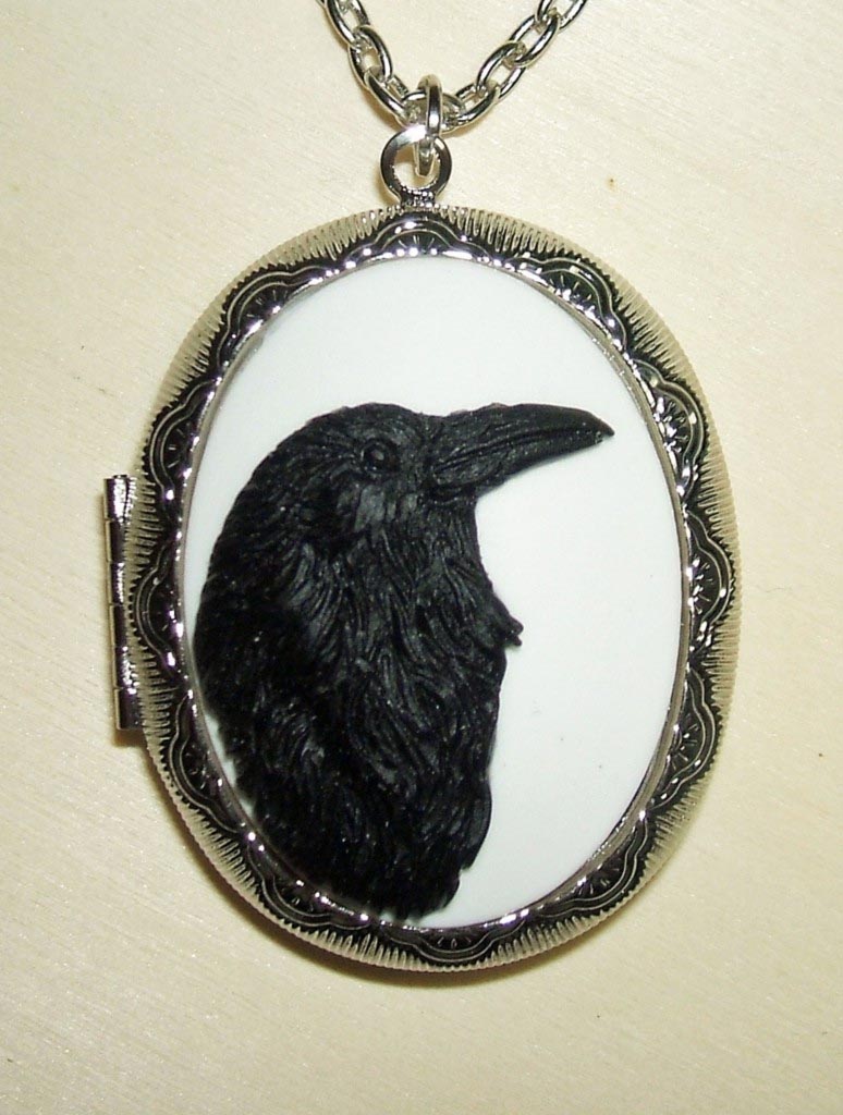 Black Raven Cameo Locket Necklace Regal Black Bird