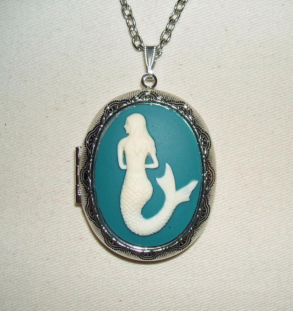 Mermaid Cameo Necklace Locket Pendant Altered Art Photo Holder Sea Siren